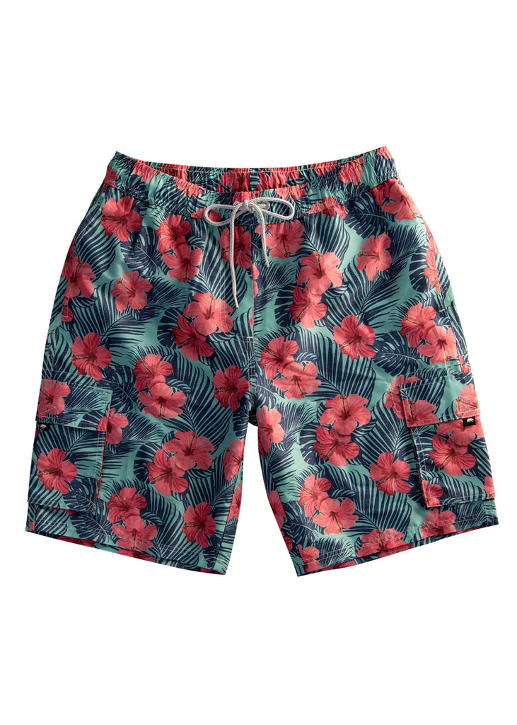 Men’s turquoise tropical ocean board shorts with paradise bloom design