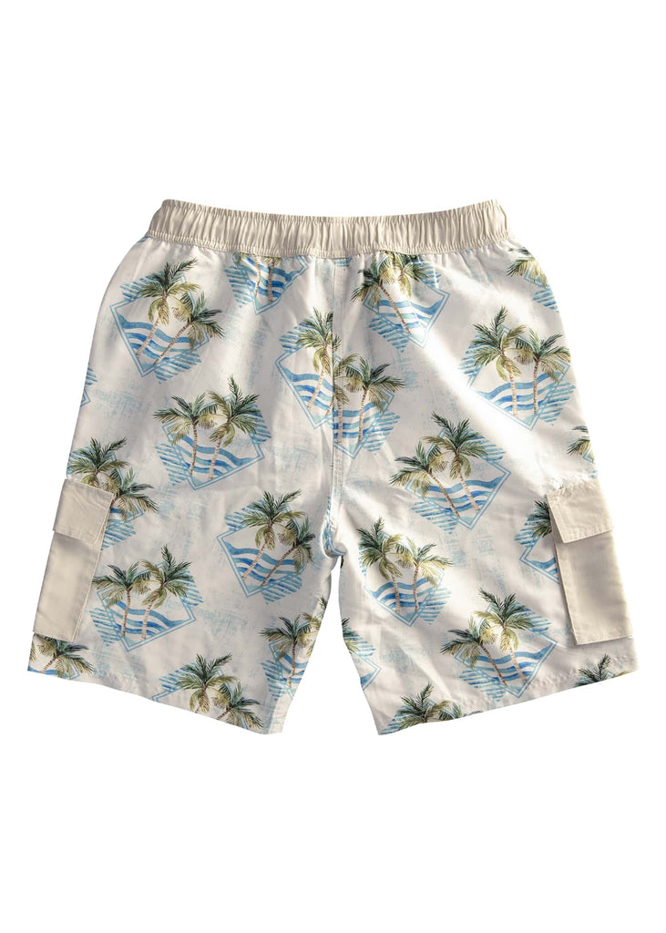 Men’s blue tropical ocean board shorts with palm and geometric design