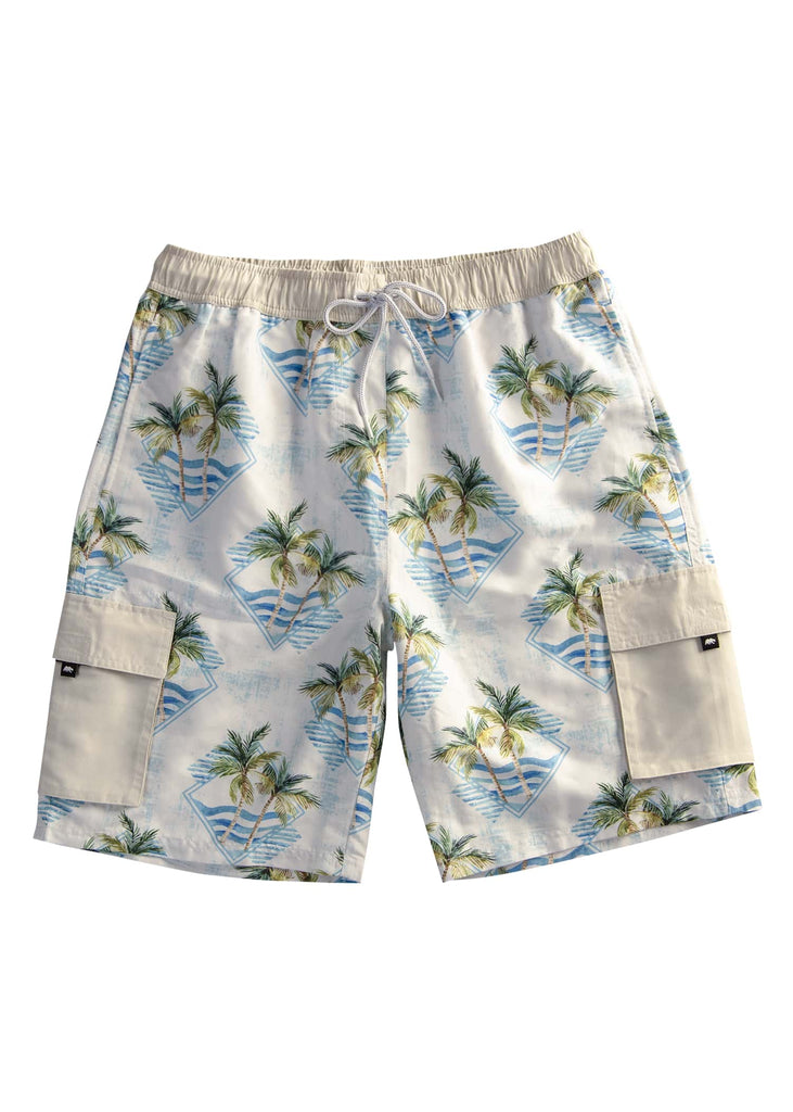 Flat lay of the front of Ring of Fire’s Men’s Palm Geo Board Shorts showcasing the palm tree design