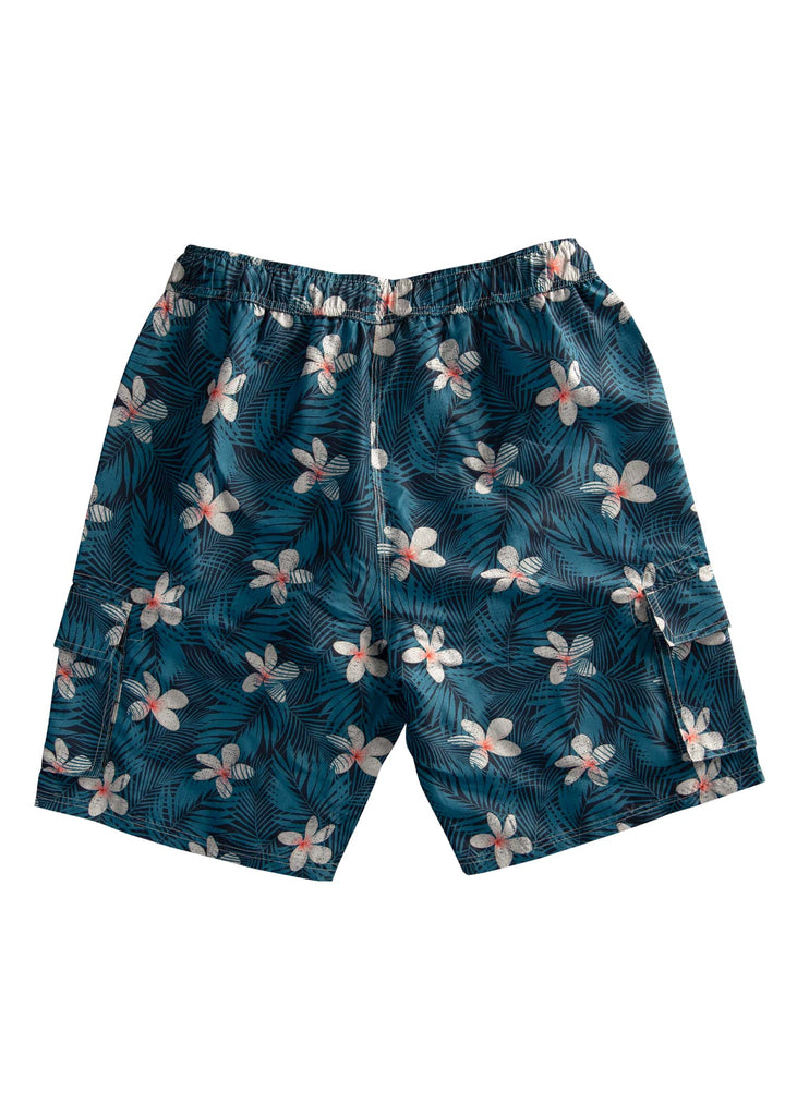 Men’s tropical ocean board shorts in midnight bloom imperial blue