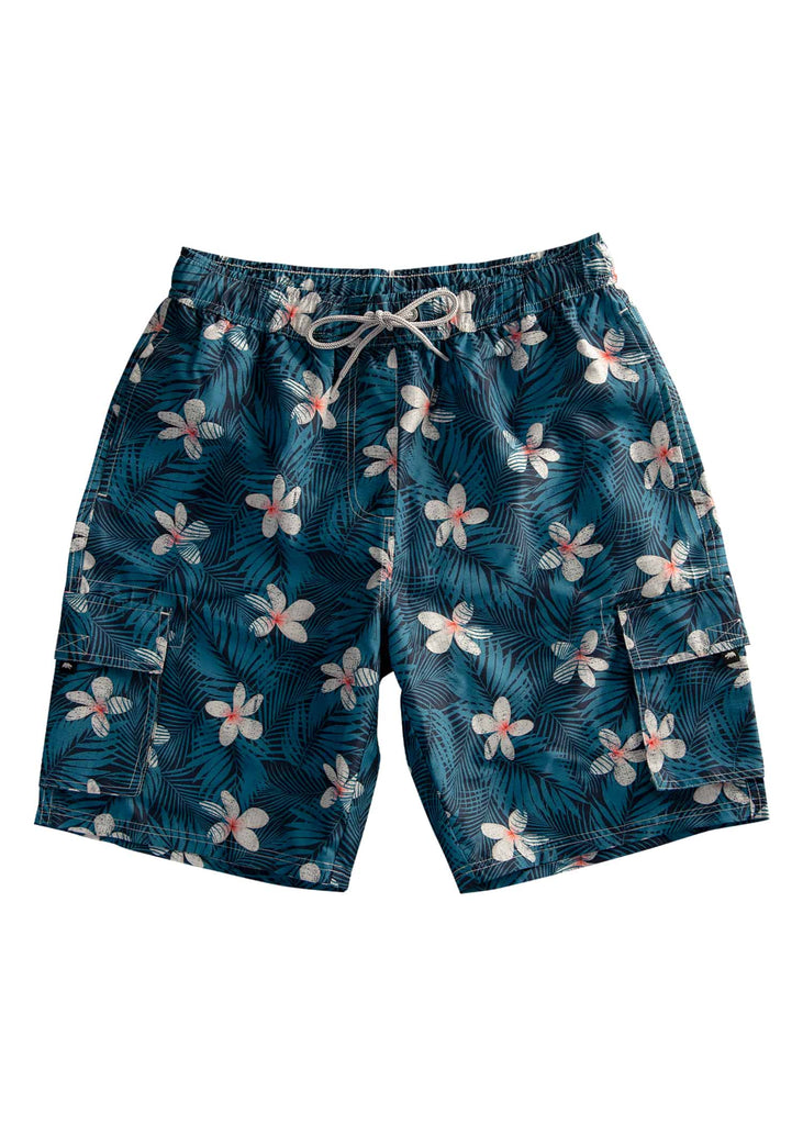 Men’s tropical ocean board shorts in midnight bloom imperial blue