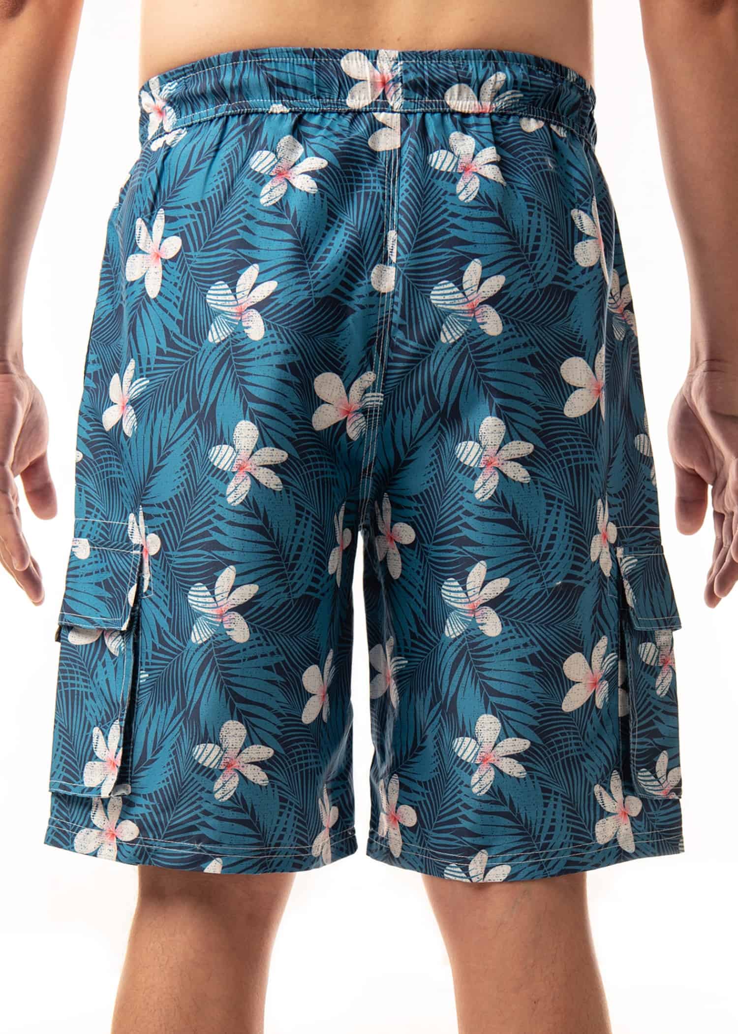 Back view of Men’s Midnight Bloom Board Shorts, highlighting the elastic waistband and unique floral design