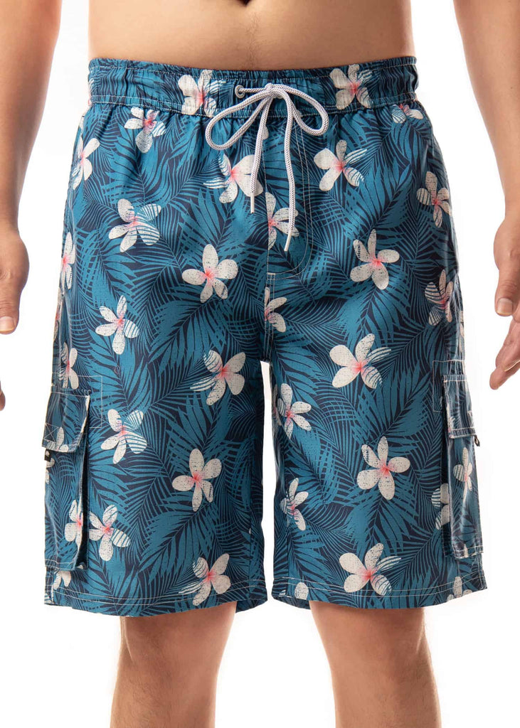 Front view of Men’s Midnight Bloom Board Shorts by Ring of Fire Clothing, showcasing the drawstring closure and hand pockets