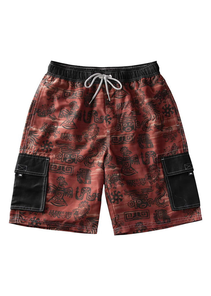 Men’s merlot-colored Aztec Heat board shorts with tropical ocean design