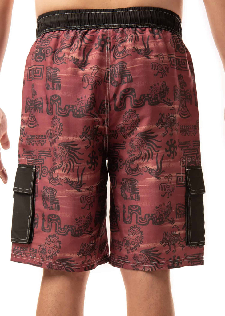 Model wearing Men’s Aztec Heat Board Shorts, back view, emphasizing the two hand pockets