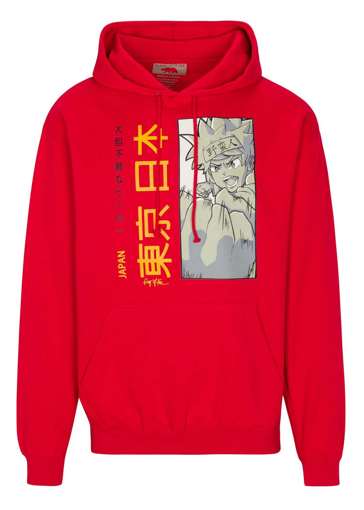 Mens anime punch drawstring hoodie in red