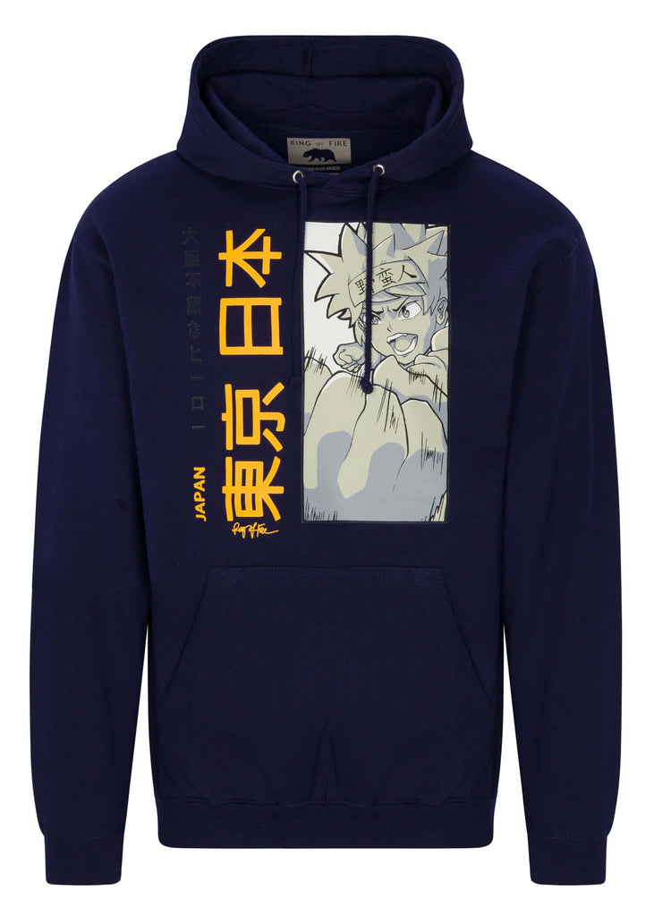 Front view of Men’s Anime Punch Hoodie in Navy by Ring of Fire Clothing