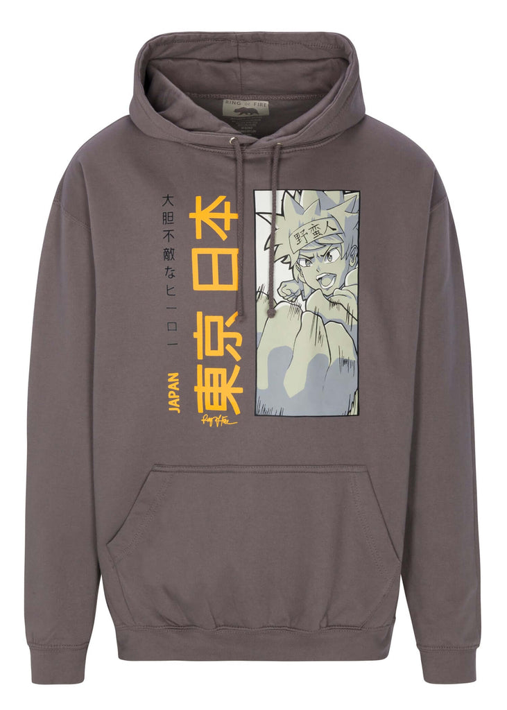 Front view of Men’s Anime Punch Hoodie in Steel by Ring of Fire Clothing