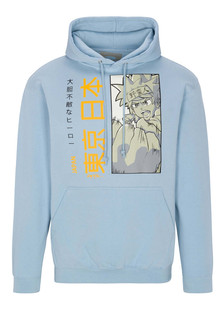 Front view of Men’s Anime Punch Hoodie in Light Blue by Ring of Fire Clothing