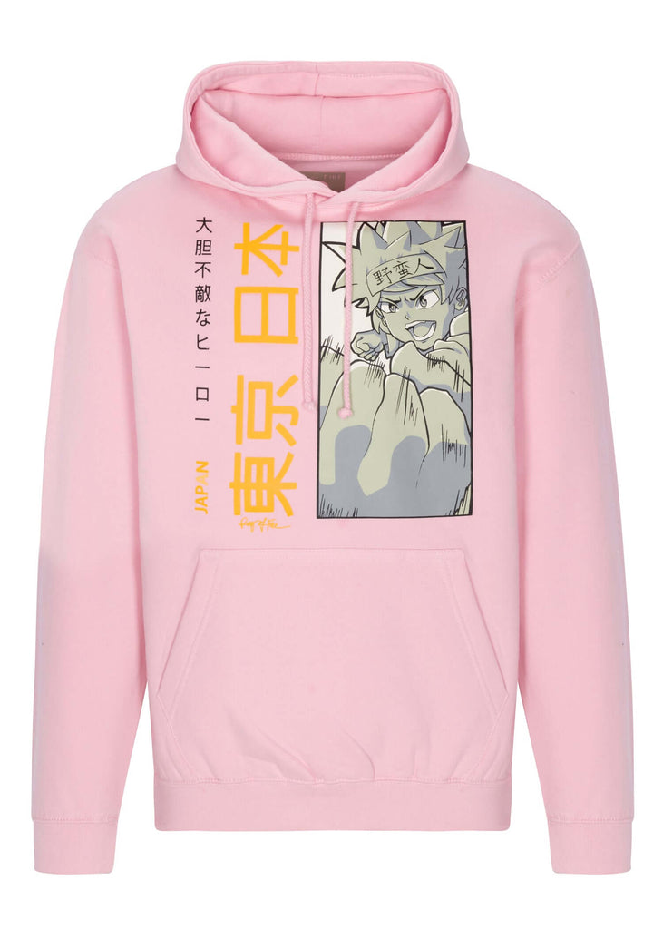 Front view of Men’s Anime Punch Hoodie in Baby Pink by Ring of Fire Clothing