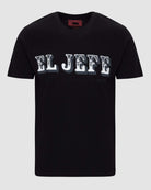 Front view of the black Men’s El Jefe HD Graphic Tee by Ring of Fire, showcasing the bold text print