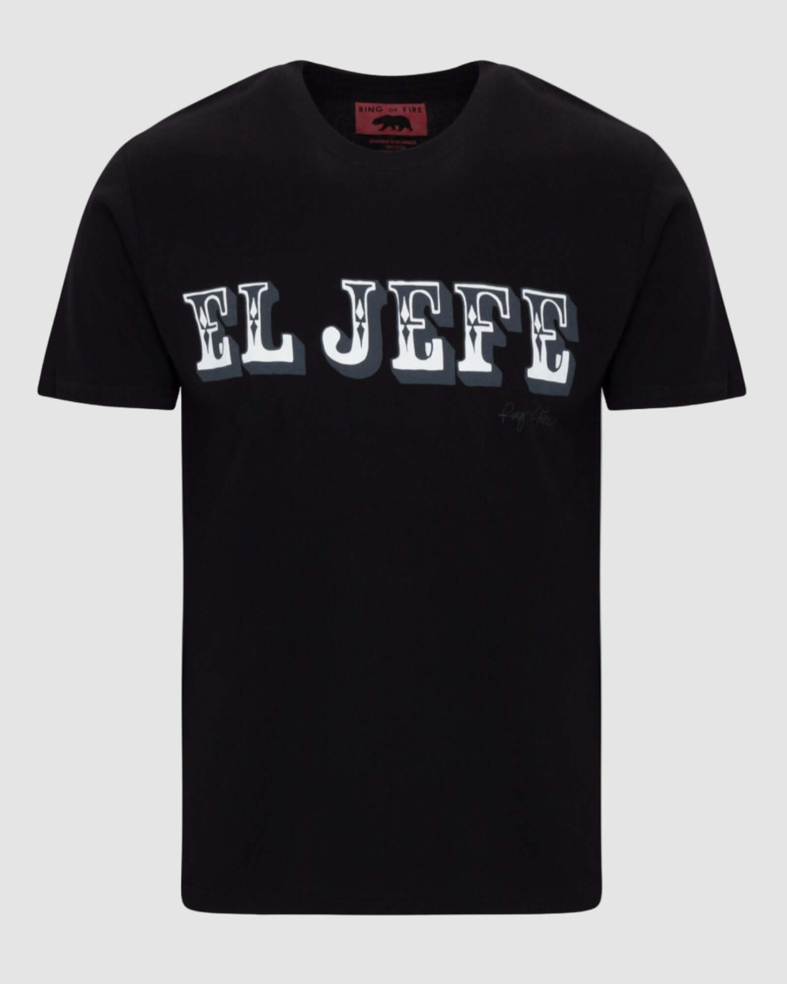 Front view of the black Men’s El Jefe HD Graphic Tee by Ring of Fire, showcasing the bold text print