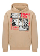 Front view of Ring of Fire’s Men’s Rising Sun Hoodie in Khaki color, featuring Anime graphic