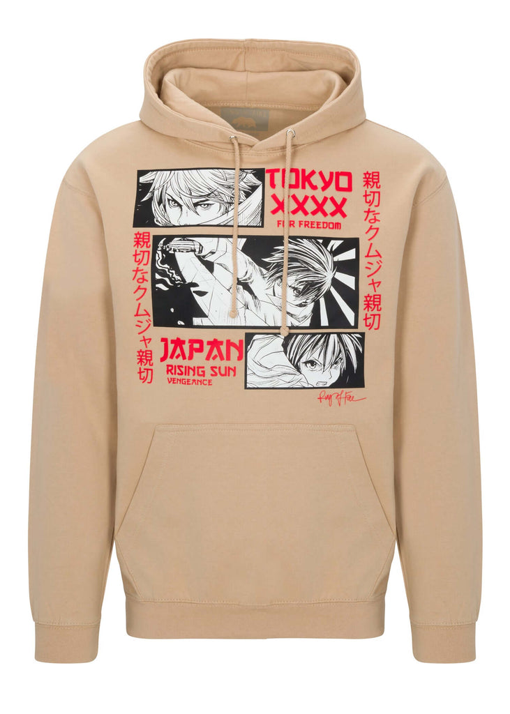 Front view of Ring of Fire’s Men’s Rising Sun Hoodie in Khaki color, featuring Anime graphic