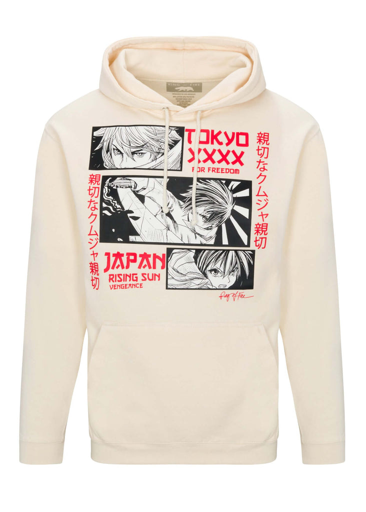 Front view of Ring of Fire’s Men’s Rising Sun Hoodie in Off White color, featuring Anime graphic
