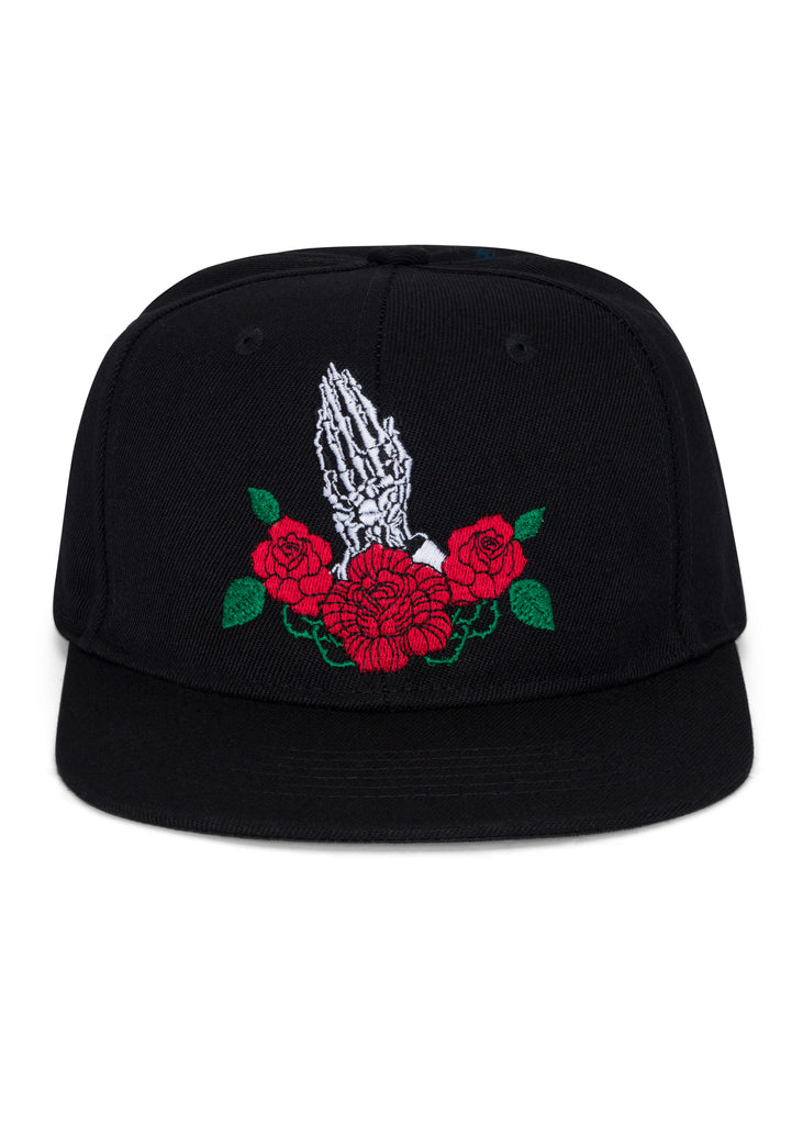Front view of the ‘Men’s Savage Skull Prayer Hand Snapback’ in Black Grey color, showcasing the intricate skull prayer hands with roses design, by Ring of Fire Clothing.