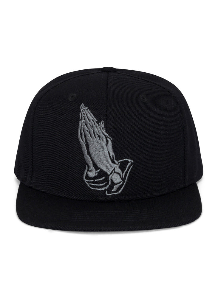 Front view of the Men’s Prayer Hands Snapback by Ring of Fire Clothing in black grey color, showcasing the Grey Praying Hands design, one size fits all.