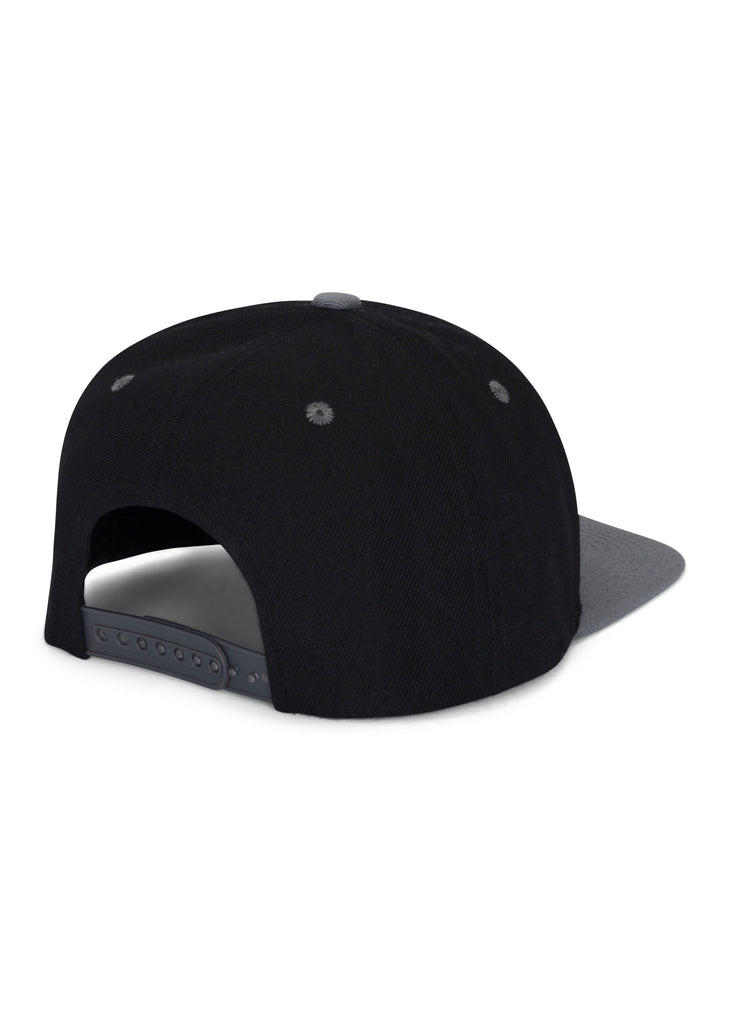 Back view of the Men’s Prayer Hands Snapback by Ring of Fire Clothing in black grey color, highlighting the adjustable snapback feature, one size fits all.