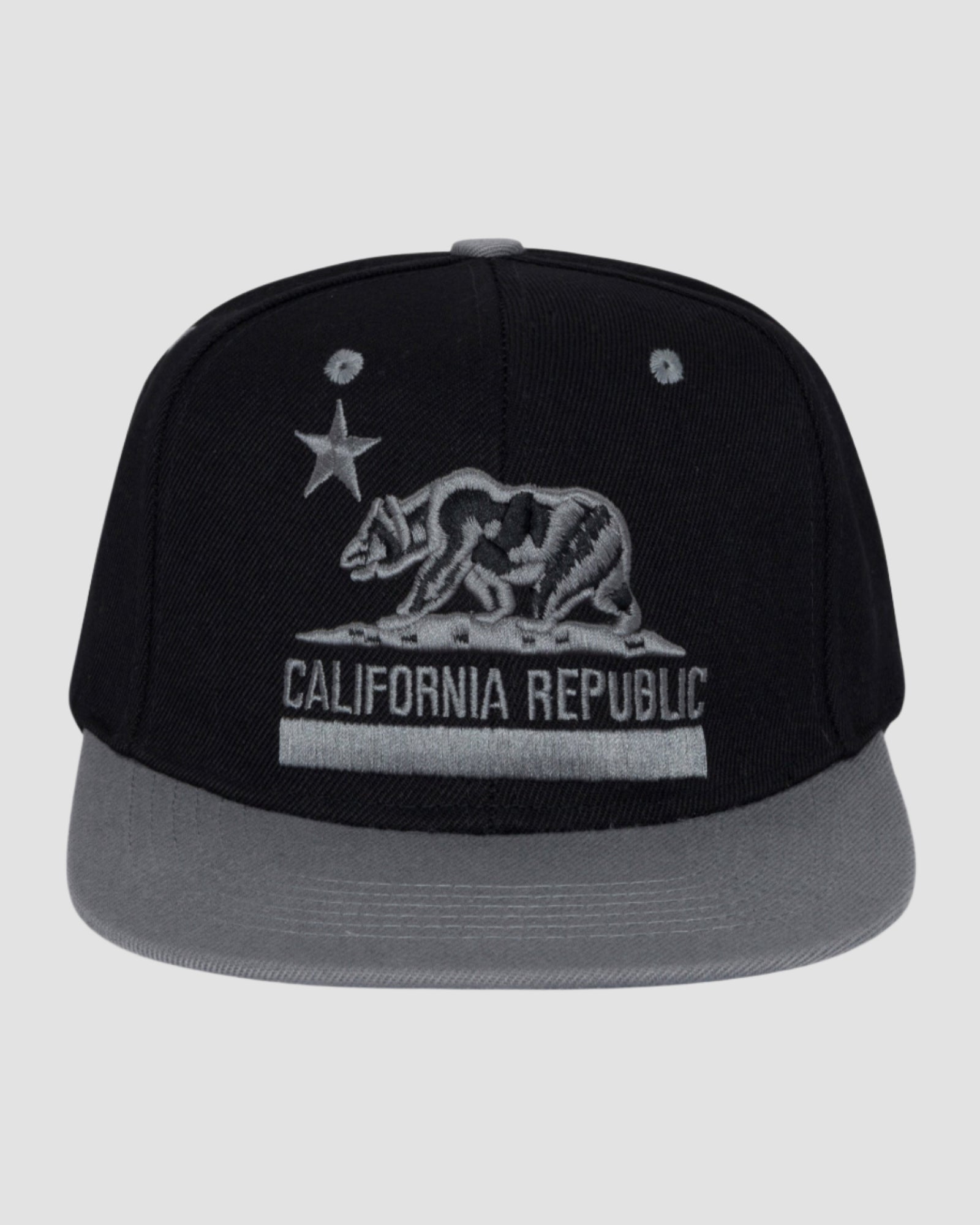 Front view of the Men’s Cali Flag Snapback Cap by Ring of Fire Clothing in Black Grey color, showcasing the sophisticated design of the California flag.