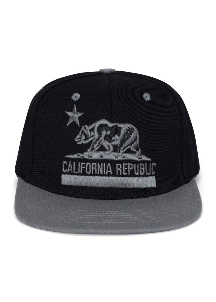 Front view of the Men’s Cali Flag Snapback Cap by Ring of Fire Clothing in Black Grey color, showcasing the sophisticated design of the California flag.