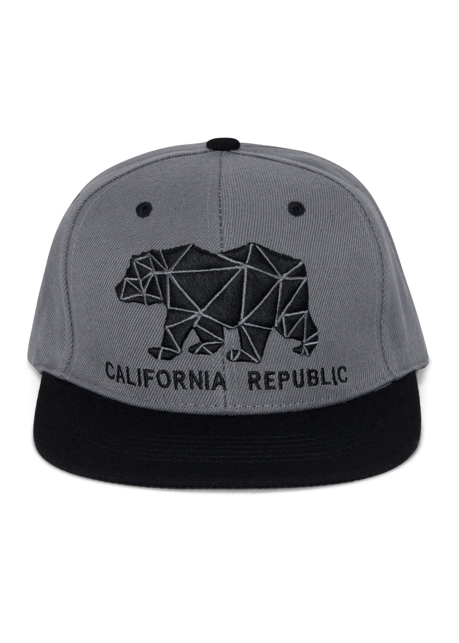 Front view of the Men’s Geo Bear Snapback by Ring of Fire Clothing in Black Grey color, showcasing the geometric bear design inspired by the California flag.