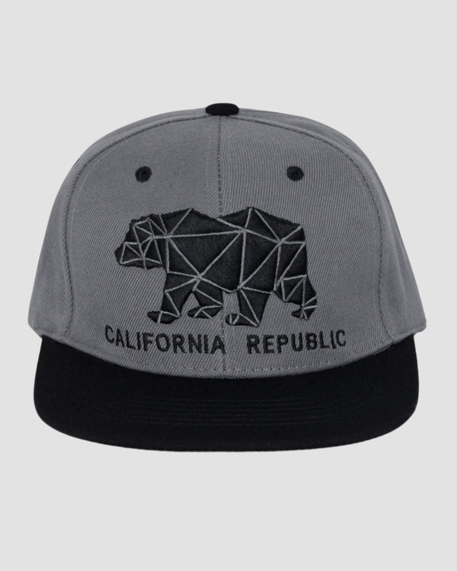 Front view of the Men’s Geo Bear Snapback by Ring of Fire Clothing in Black Grey color, showcasing the geometric bear design inspired by the California flag.