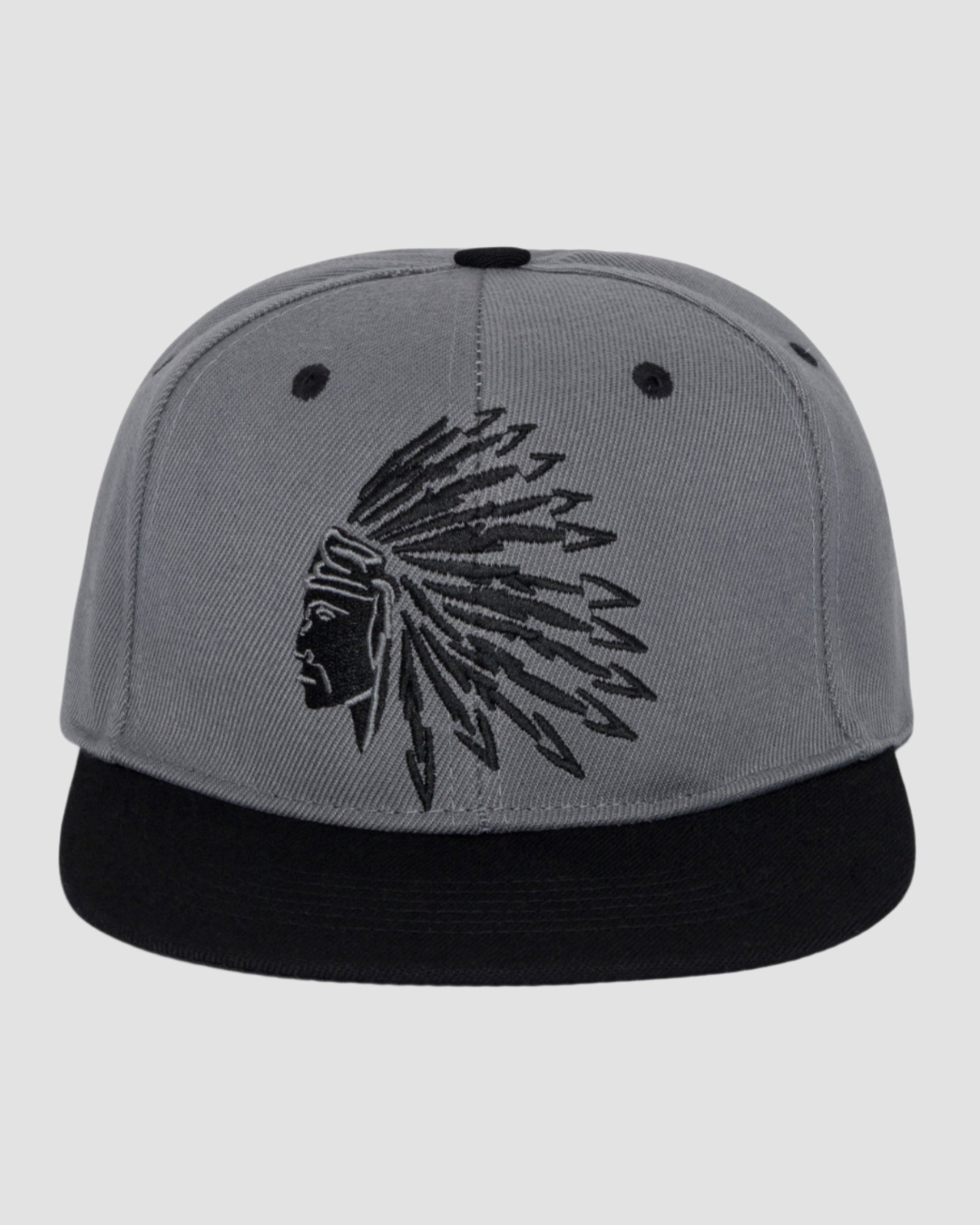 Front view of the Men’s Chief Head Snapback by Ring of Fire Clothing in Grey Black color, showcasing the intricate Chief Tribal head design, size One Size.