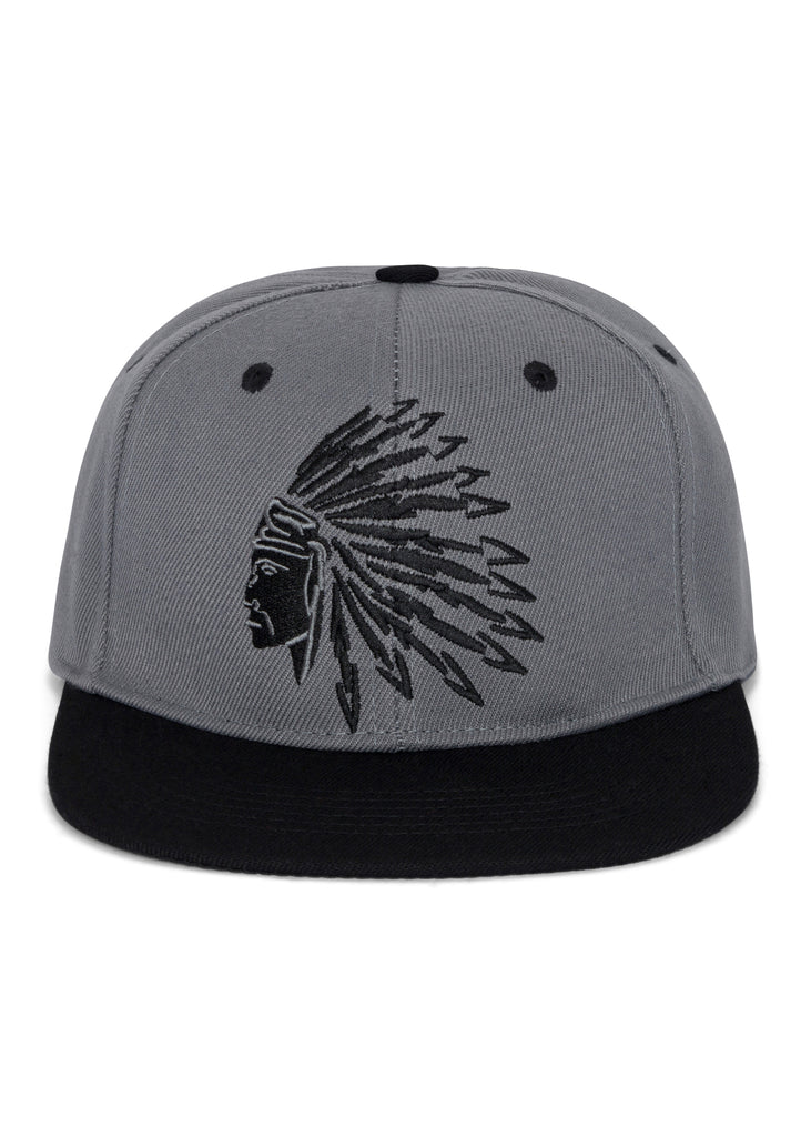 Front view of the Men’s Chief Head Snapback by Ring of Fire Clothing in Grey Black color, showcasing the intricate Chief Tribal head design, size One Size.