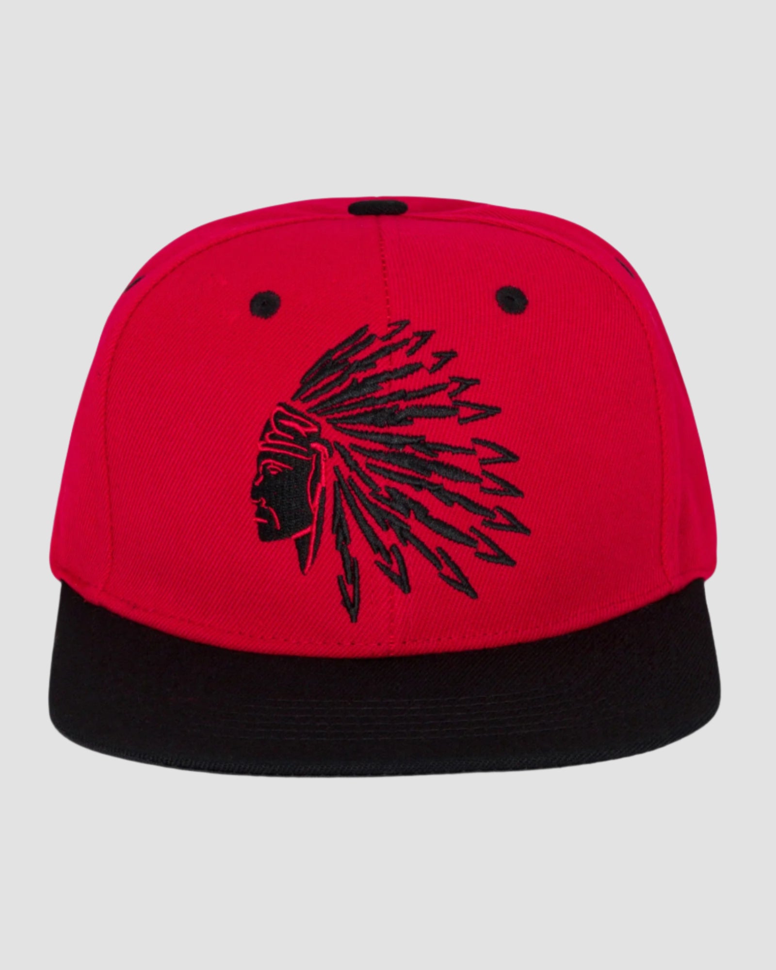 Front view of the Men’s Chief Head Snapback by Ring of Fire Clothing in Red Black color, highlighting the detailed Chief Tribal head design, size One Size.