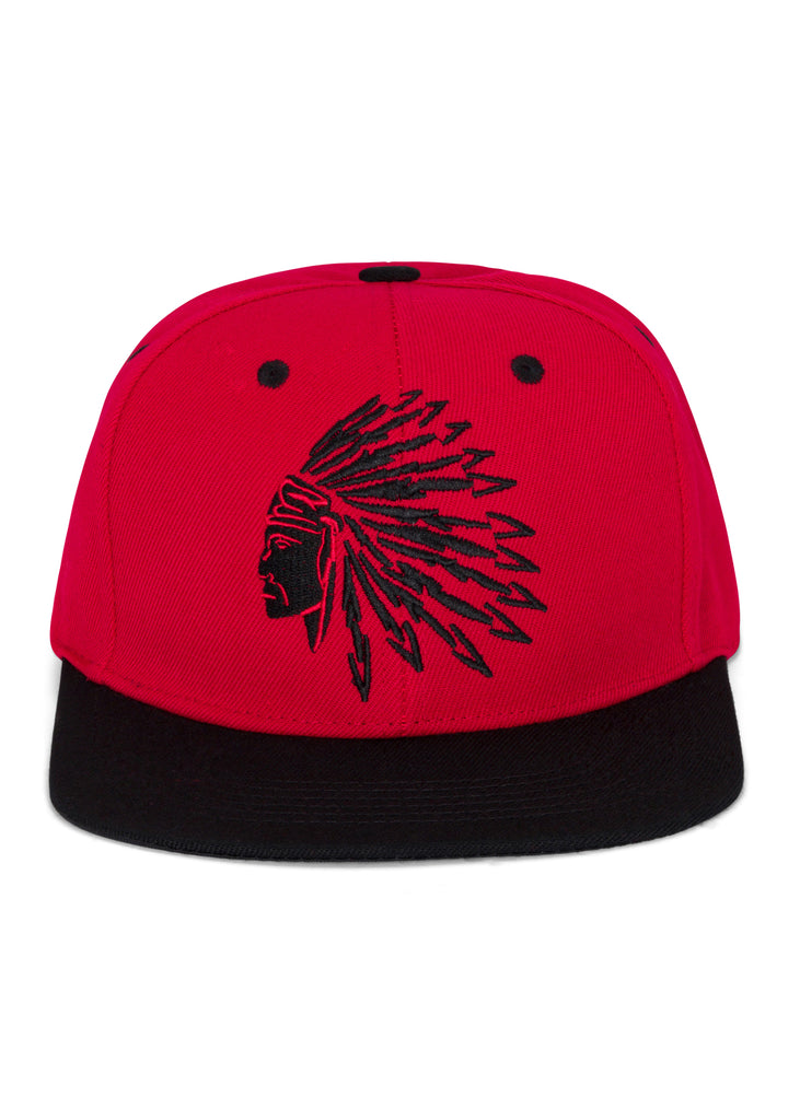 Front view of the Men’s Chief Head Snapback by Ring of Fire Clothing in Red Black color, highlighting the detailed Chief Tribal head design, size One Size.