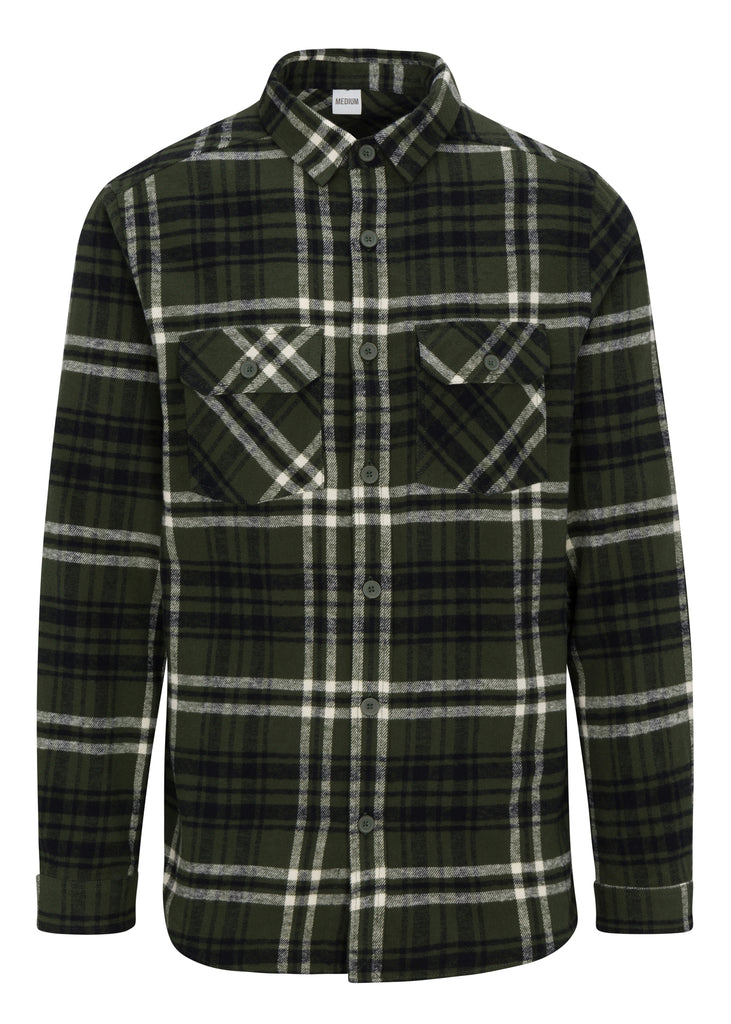 Front view of Men’s Woodsy Plaid Flannel Shirt in Green Mix by Ring of Fire Clothing
