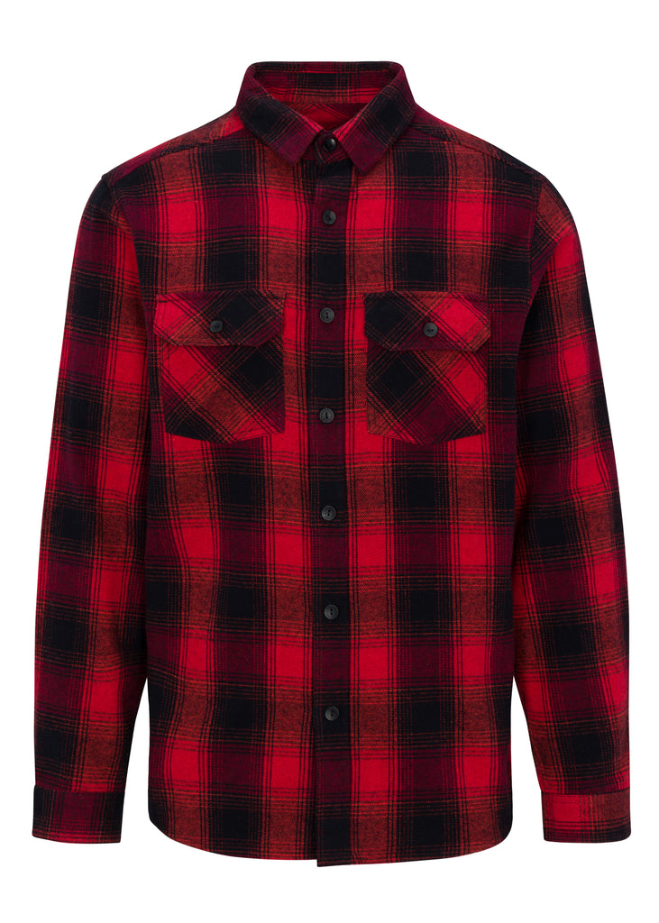 Flat lay front view of Red Black Men’s Andrew Plaid Flannel Shirt
