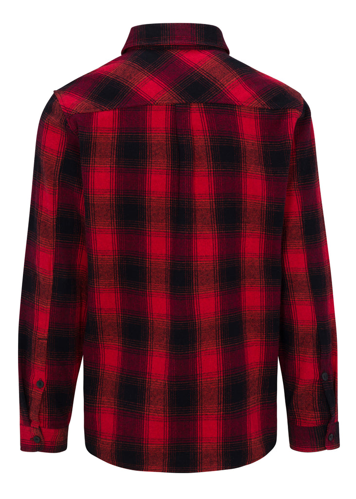 Flat lay back view of Red Black Men’s Andrew Plaid Flannel Shirt