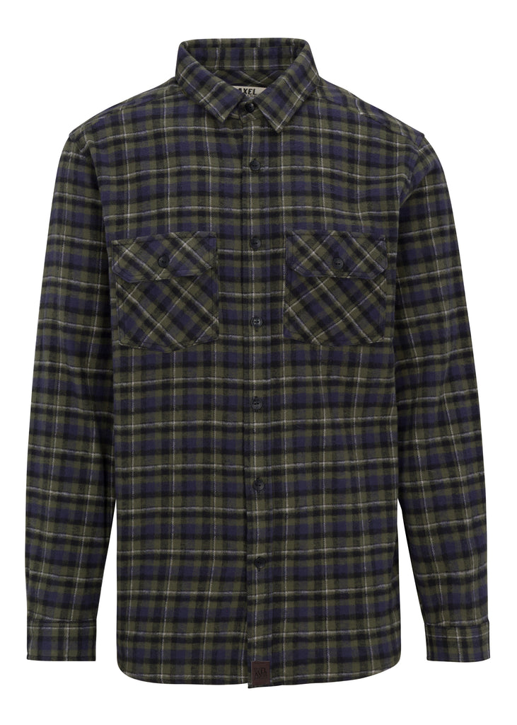 Flat lay front view of Green Navy Men’s Andrew Plaid Flannel Shirt
