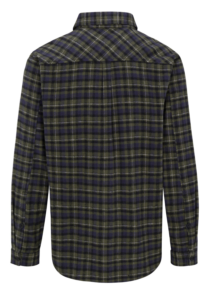 Flat lay back view of Green Navy Men’s Andrew Plaid Flannel Shirt