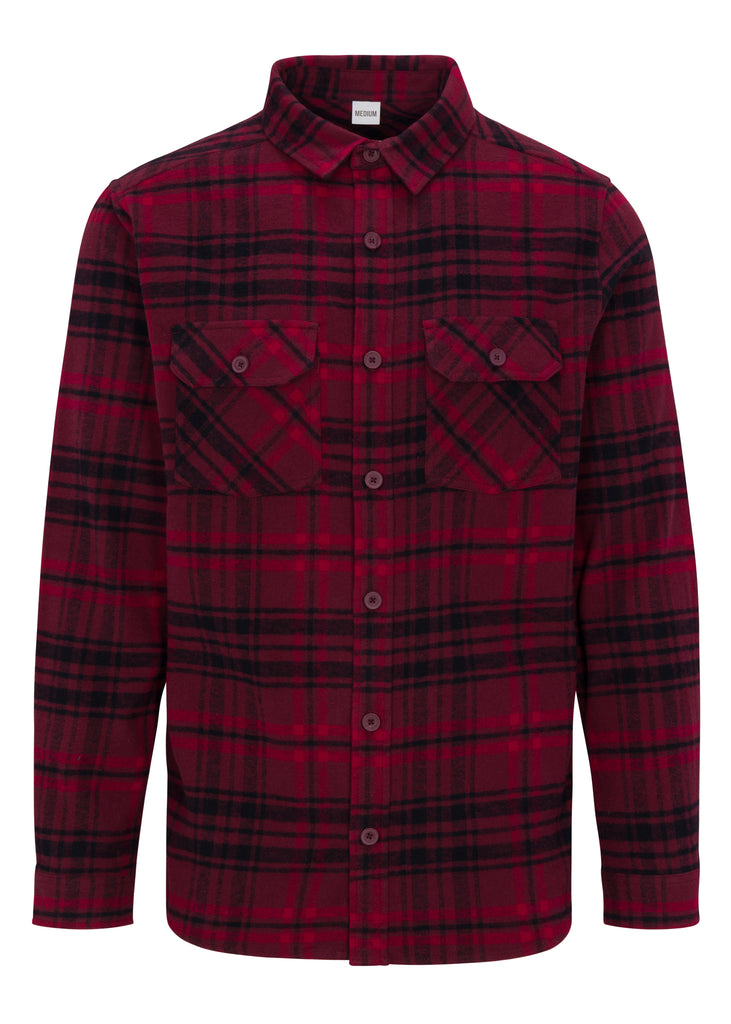 Front view of Men’s Woodsy Plaid Flannel Shirt in Burgundy Mix by Ring of Fire Clothing