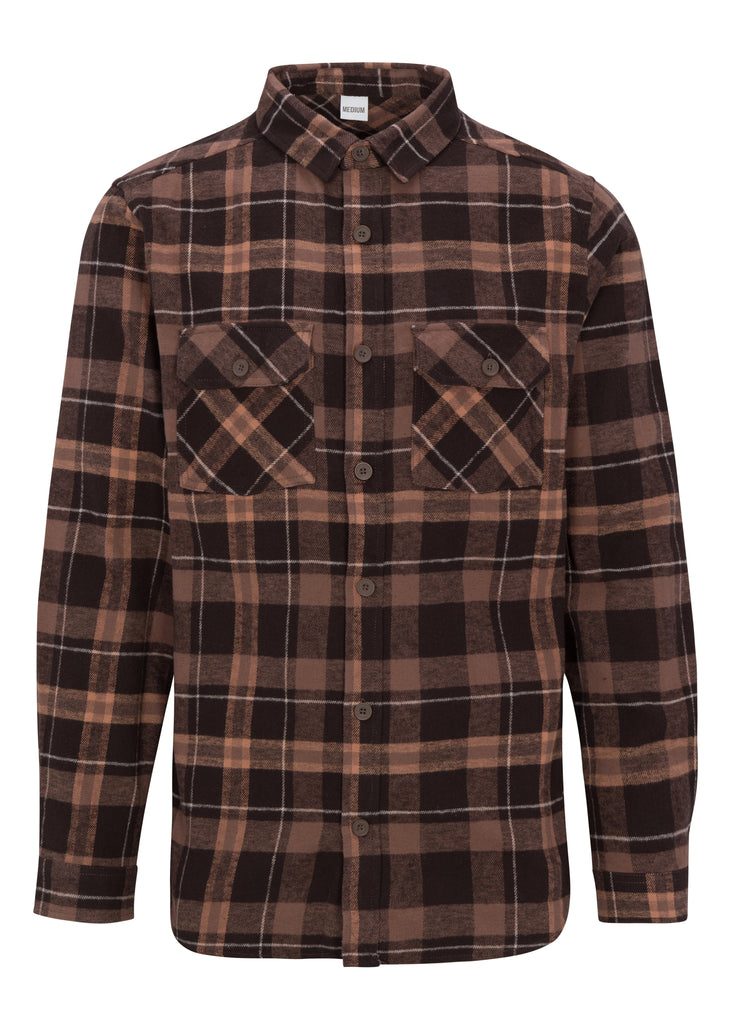 Front view of Ring of Fire’s Men’s Rustic Plaid Flannel Shirt in brown mix color