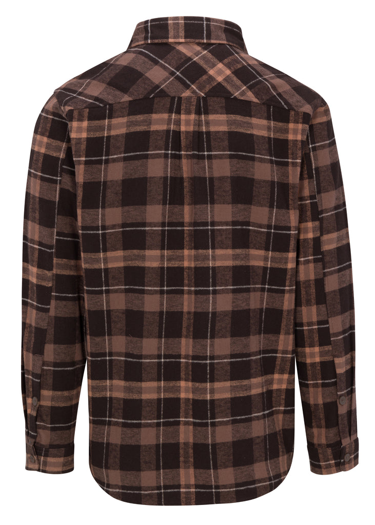 Back view of Ring of Fire’s Men’s Rustic Plaid Flannel Shirt in brown mix color