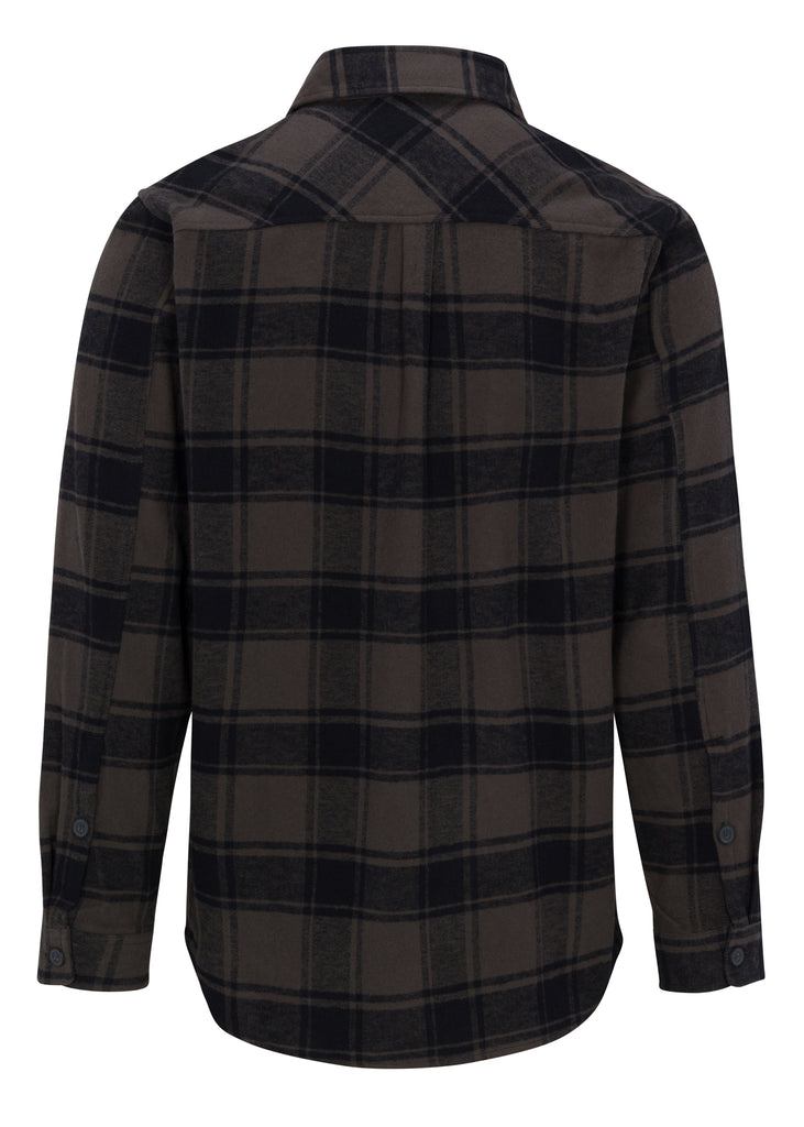 Back view of Men’s Meadow Plaid Flannel Shirt in Charcoal Mix by Ring of Fire