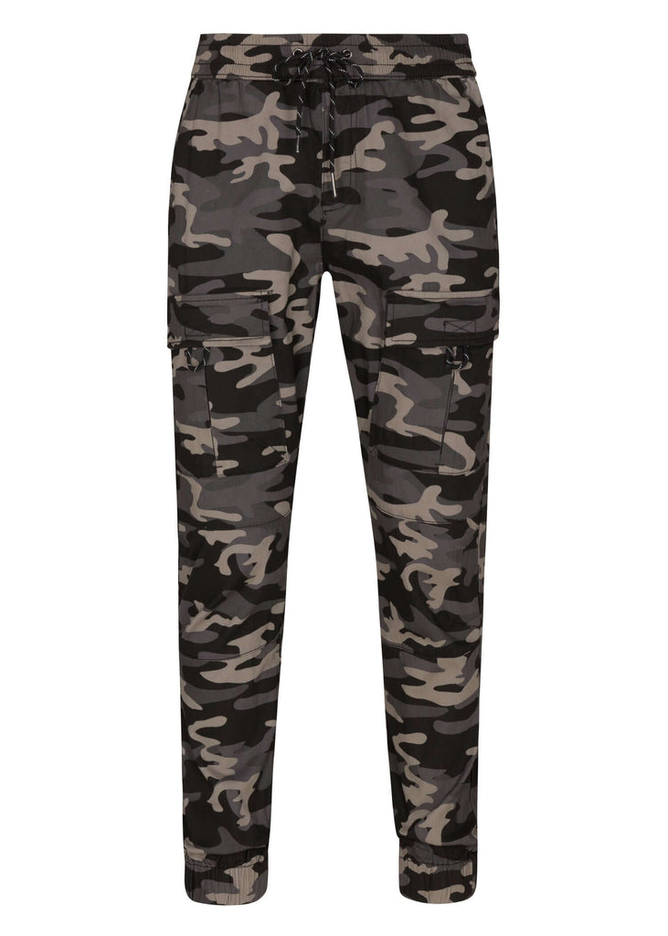 Front view of Ring of Fire’s Men’s Barnabas Cargo Joggers in Black Camo