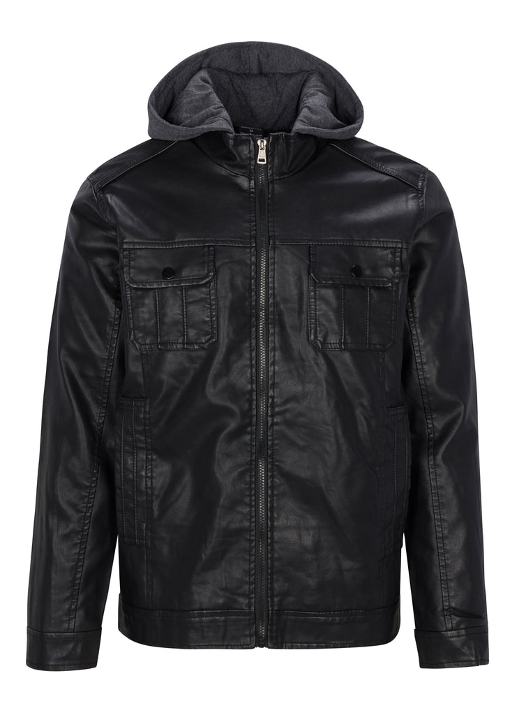 Mens ace sherpa linned raging PU hoodie jacket in black zipper closure  