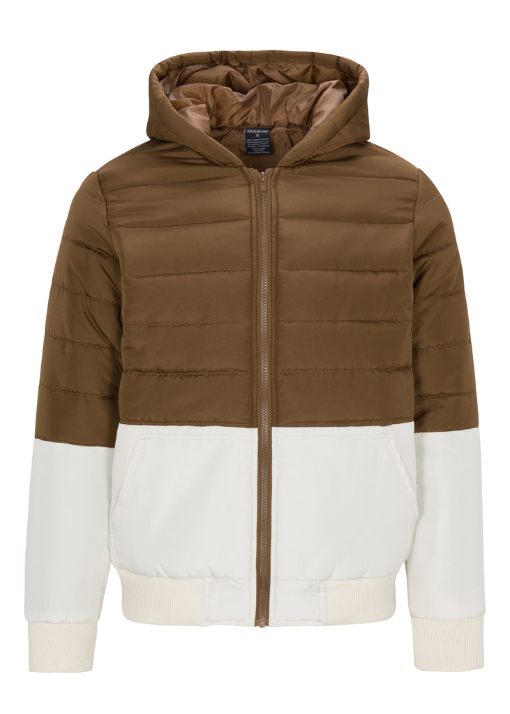 Mens hooded laban colorblock puffer jacket in light brown 
