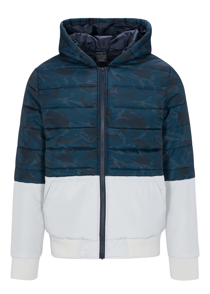 Mens hooded laban colorblock puffer jacket in navy camo