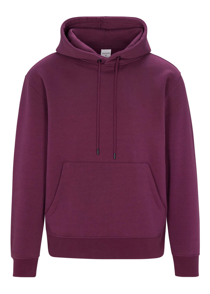 Mens drawstring kangaroo front pocket premium September hoodie in grape wine 