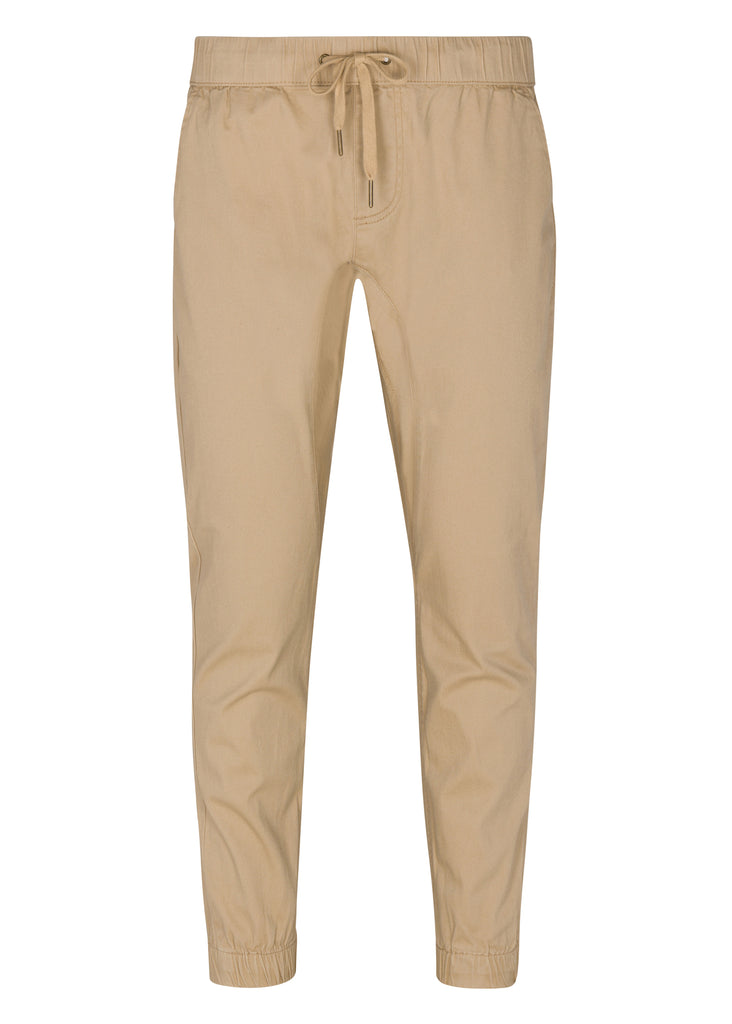Mens Clayton twill stretch joggers with elastic waistband and drawstring closure in khaki