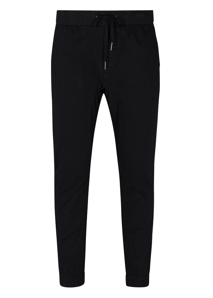 Mens Clayton twill stretch joggers with elastic waistband and drawstring closure in black 
