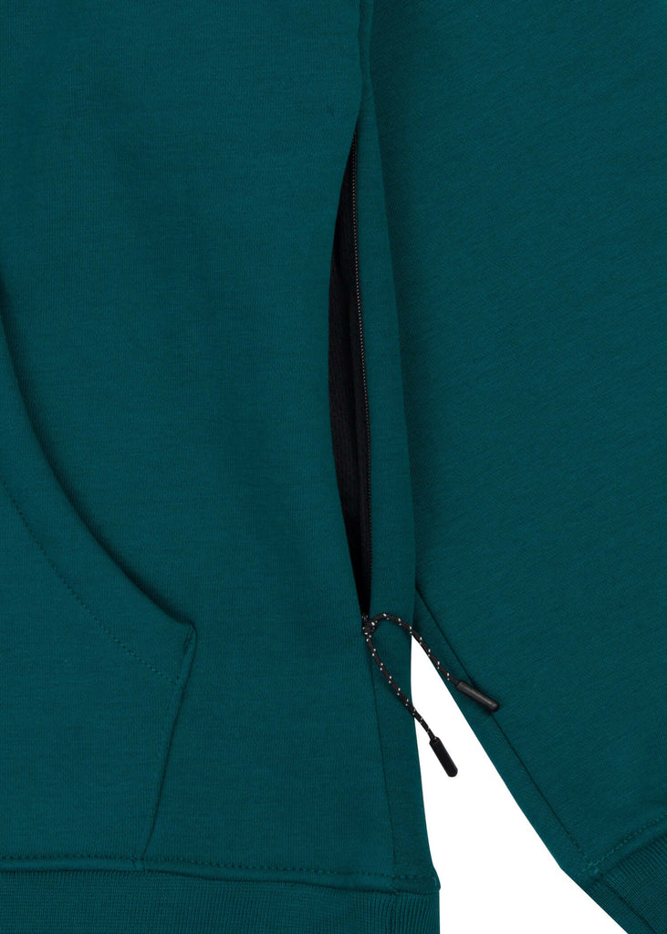 Mens drawstring kangaroo front pocket premium September hoodie in deep teal side seam zipper pocket