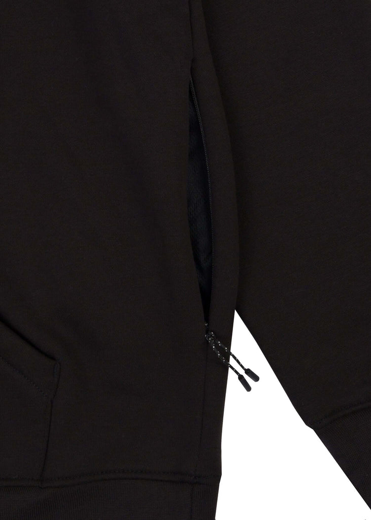Mens drawstring kangaroo front pocket premium September hoodie in black side seam zipper pocket