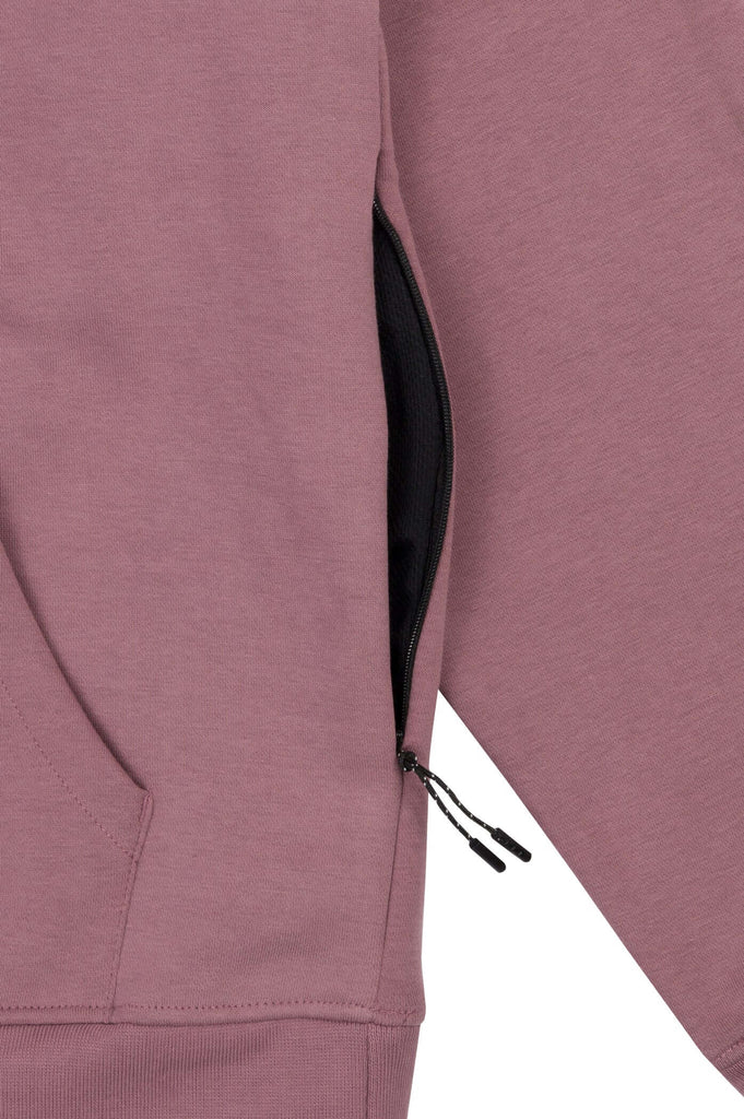 Mens drawstring kangaroo front pocket premium September hoodie in elderberry side seam zipper pocket