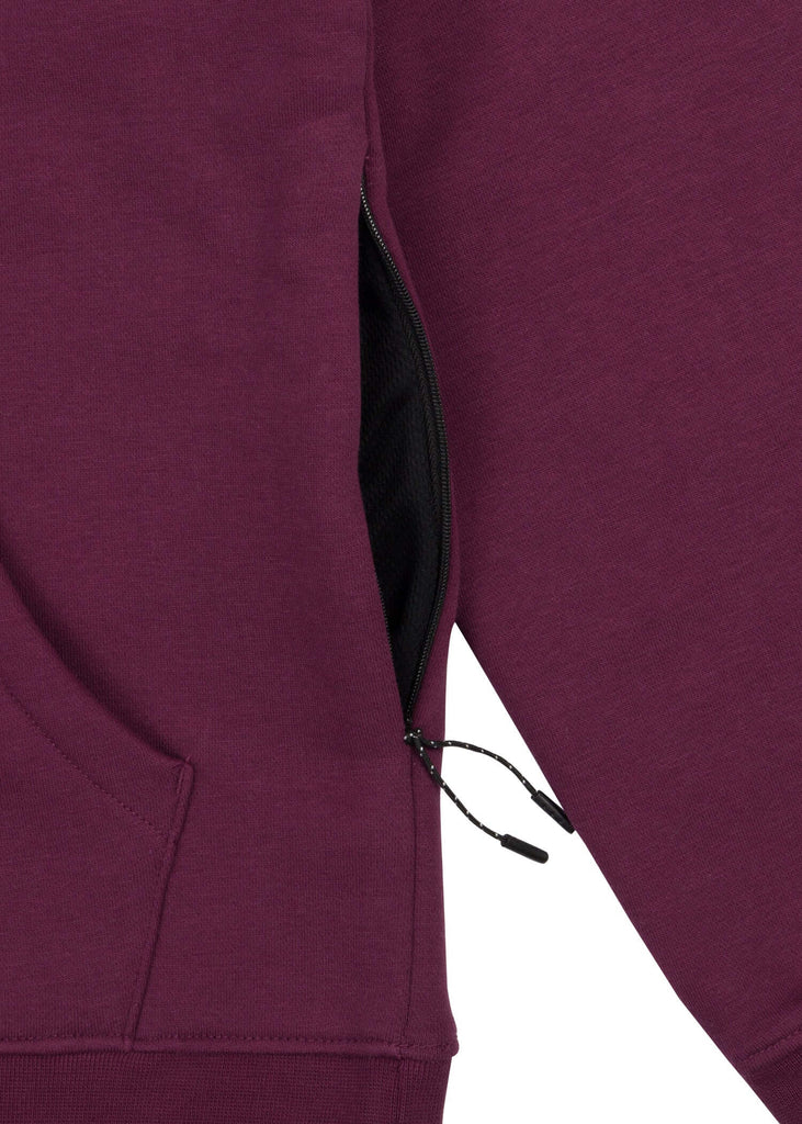 Mens drawstring kangaroo front pocket premium September hoodie in grape wine side seam zipper pocket 